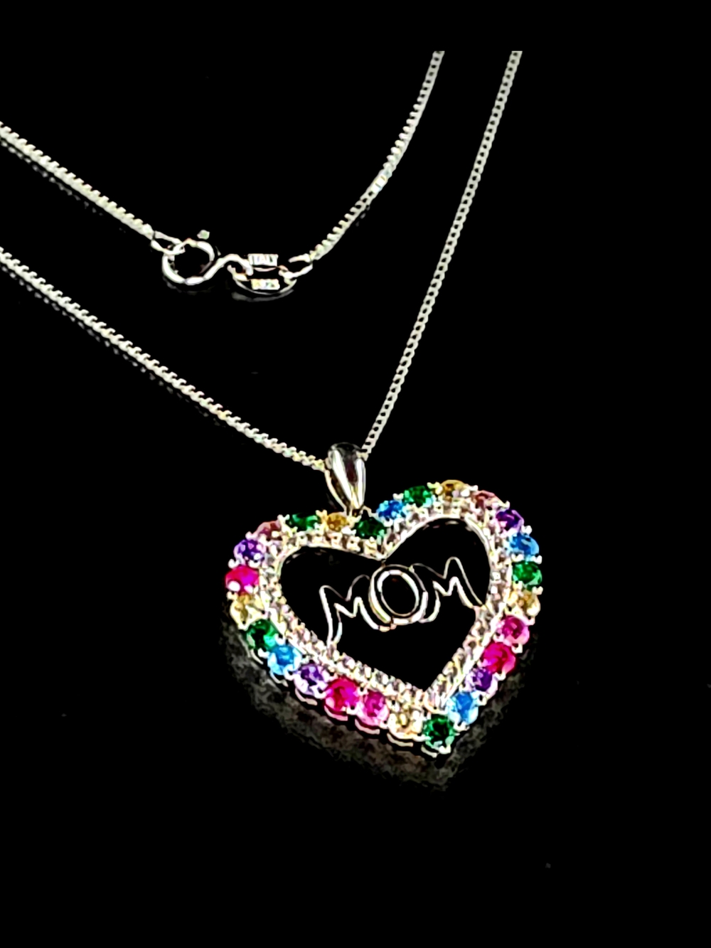 Mom Heart Pendant Necklace with Multi-Color Cubic Stones